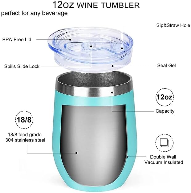 12 oz Stainless Steel Wine Tumbler Stemless Glasses with Lid, Double Wall Insulated Travel Mug Perfect for Wine, Coffee, Drinks, Champagne, Cocktails, Colorful (silver4pcs)