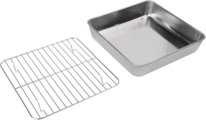 Stainless Steel Baking Pan and Cooling Rack Set for Oven Roasting and Baking Multi-Size Bakeware for Kitchen BBQ and Cake Easy Clean Dishwasher Safe(24CM)