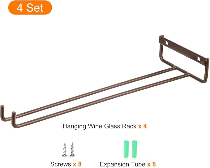 uxcell 4Pcs Wine Glass Rack, 11.81 Inch Iron Wine Glasses Rack Under Cabinet Stemware Rack - Wall Mountable Wine Glass Holder Storage Hanger for Bars Coffee Restaurants Kitchens, Bronze