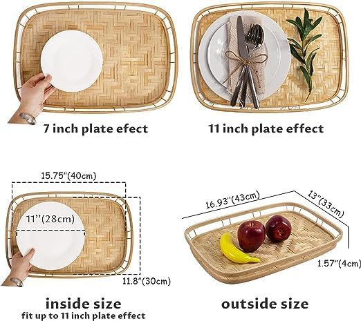 Set of 4 pcs Rectangular Bamboo Wicker Serving Trays with Handles, Handwoven Coffee Trays for Coffee, Breakfast, Bread, Food, Dish and Decorative Trays for Dining Table