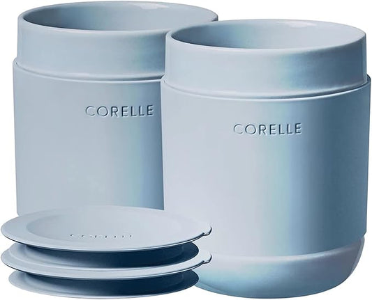 Corelle Stoneware 4-Pc Tumbler Set of 2 with Lids, Handcrafted Artisanal Travel Mug, Solid Glaze Stoneware, 13-1/2-Oz Travel Coffee Mug Set, Oatmeal