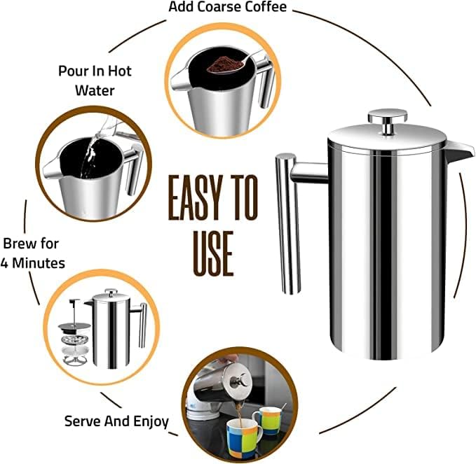 Utopia Kitchen 304 Grade Stainless Steel French Press 17 Oz, Silver | Double Wall Insulated Coffee Press with 4-Level Filtration System, Include 2 Extra Filters, Rust-Free, Dishwasher Safe