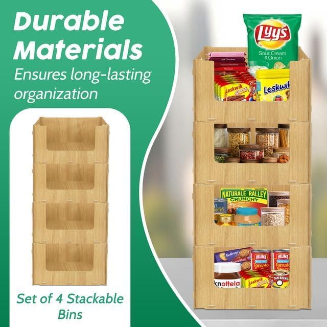 TidyFriend Wooden Stackable Storage Bins for Pantry, 4 Pack Stackable Bins For Organizing Food, Kitchen, and Bathroom Essentials (Wood)