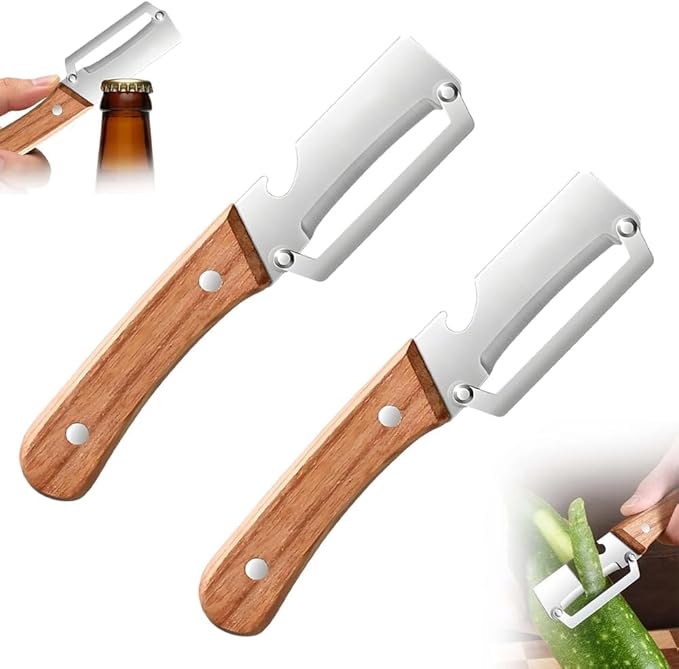 Premium Vegetable Peeler with Wooden Handle & Bottle Opener – 2-in-1 Stainless Steel Kitchen Tool for Fruit, Apple, Potato, Pumpkin, Papaya – 2 PCS Set