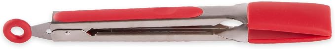 RSVP International Endurance Kitchen Utensil Collection Stainless Steel Locking Tongs for Cooking, 10.75" Length, Square Tip, Red Non-Slip Silicone