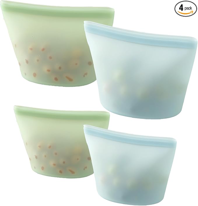 PandaEar 4 Pack Reusable Silicone Food Storage Bags, Leakproof Stand-Up Freezer Bags, Microwave & Dishwasher Safe, for Meal Prep, Snacks, Baby Food – 2 Large (34 oz) + 2 Medium (17 oz)