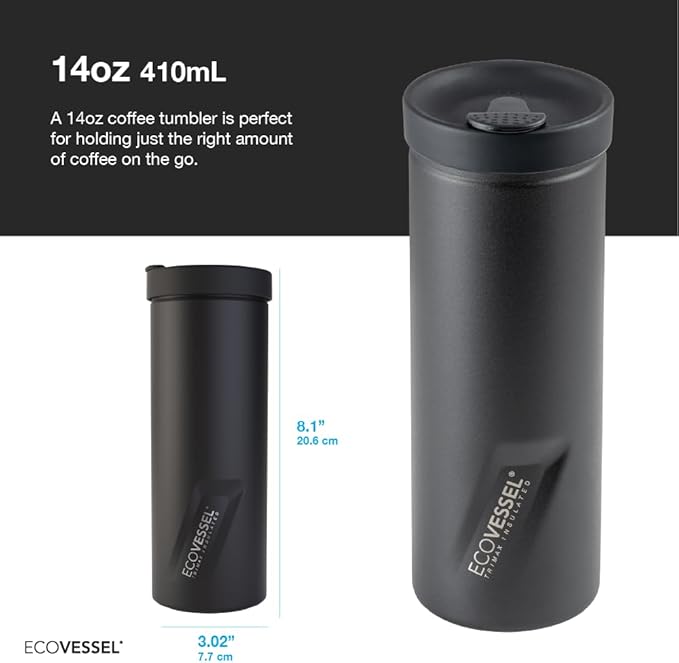 EcoVessel Travel French Press, Portable Coffee Maker, Stainless Steel Insulated Coffee Press, Reusable Single Serve Bottle for On-The-Go Use, 14oz (Stone)
