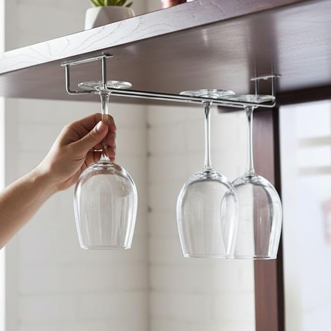 Soro Essentials- 16" Glass Hanging Stemware Rack Chrome Plated Set of 2- Wine Glass Hangers Under Shelf Cabinet Wire Wine Holder Storage Hanger for Cabinet Kitchen Bar or Home