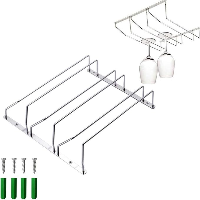 Stemware Wine Glass Hanging Rack Under Cabinet Kitchen Bar Storage Wine Glass Rack Holds up to 12-15 Wine Glass, 13.4 Inch 3 Rows, Silver