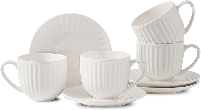 Ceramic Espresso Cups with Saucers 8 Oz,Set of 4 Porcelain Demitasse Cups Set,Small Coffee Cups with Handle for Coffee,Tea,Latte and Macchiato,Cappuccino Mugs for Kitchen and Cafe,White