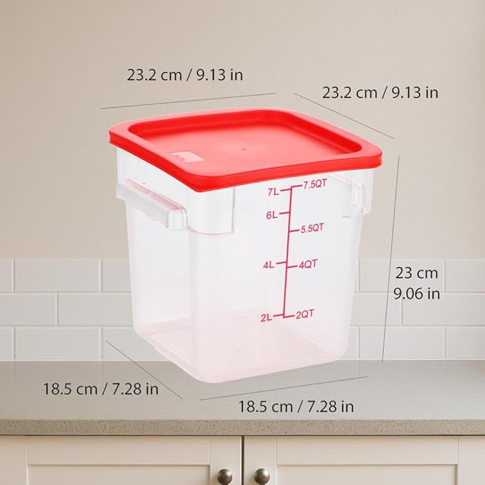 Sherfire 8 Quart Food Storage Containers with Lids - Set of 4, Large BPA-Free Stackable Kitchen Containers with Handles and Red Covers, Quart/Liter Markings, Commercial or Home Use