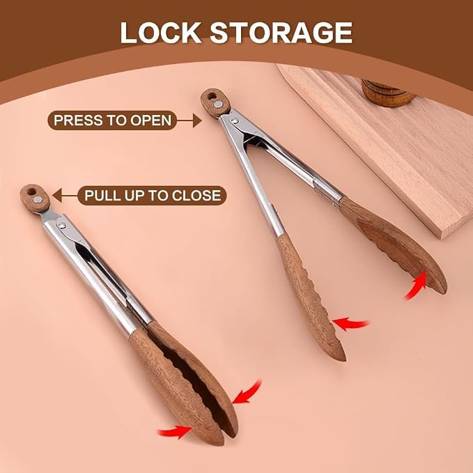 Walnut Wooden Kitchen Cooking Tongs with Hanging Hole and Wooden Tips, Heat Resistant, Anti-Slip, for Serving Food, Grilling, Cooking, BBQ and Tossing Salad, Stainless Steel, 12 Inch
