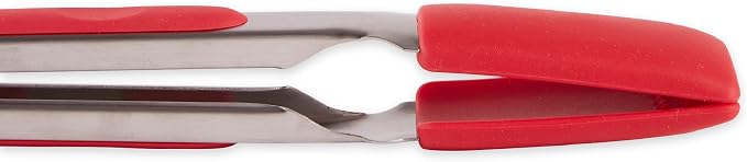 RSVP International Endurance Kitchen Utensil Collection Stainless Steel Locking Tongs for Cooking, 10.75" Length, Square Tip, Red Non-Slip Silicone