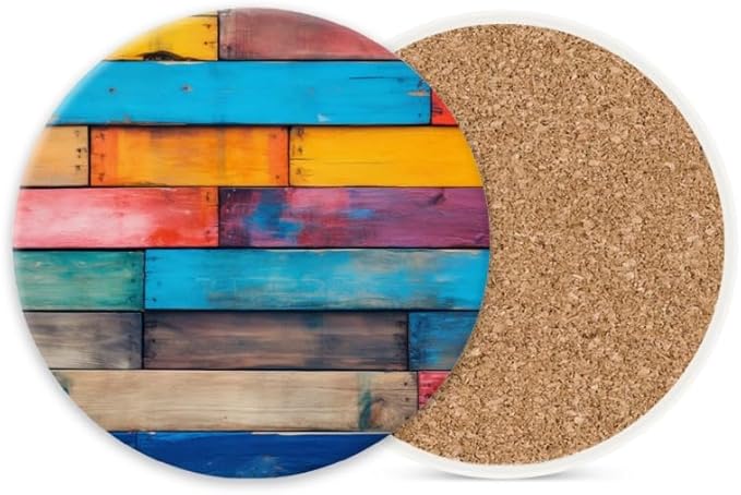 Ceramic Drink Coasters Absorbent Set of 1, Colorful Wood Wall Background with Wooden Slats Round Anti Slip Modern Cup Coasters for Desk Kitchen Office Housewarming Hostess Gifts (4 * 4 Inch)