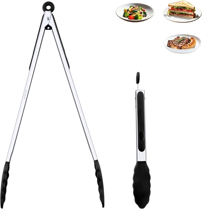9+12 Inch Black Salad Tongs 2-Piece Set, Silicone with 304 Stainless Steel Core & Non-Slip Grip, Kitchen Utensils for Grilling Salad