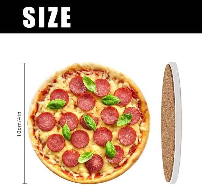 Ceramic Stone Cork Coasters for Drinks Tableware, Pepperoni Pizza with Mozzarella Cheese Round Absorbent Durable Aesthetic Art Cup Mat Protects Tables and Surfaces Set of 1 (4 * 4 Inch)