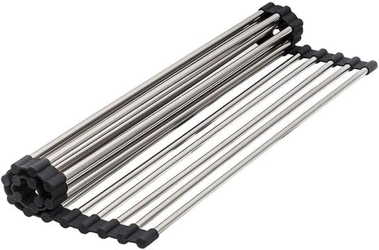 Strictly Sinks Stainless Steel Roll Up Dish Drying Rack – Silver 17 Inch Over The Sink Drying Rack Ideal for Workstation Sinks Only – Multipurpose Foldable Kitchen Dish Rack (17-3/8″ x 13″ x 3/8″)