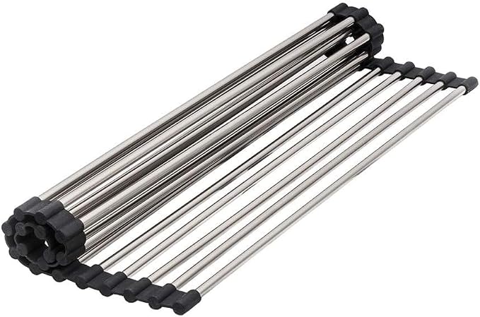 Strictly Sinks Stainless Steel Roll Up Dish Drying Rack – Silver 16 Inch Over The Sink Drying Rack Ideal for Apron Workstation Sinks Only – Multipurpose Foldable Dish Rack (16-3/8″ x 13″ x 3/8″)