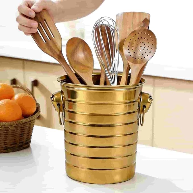 Utensil Holder for Kitchen Counter , Large Gold Stainless Steel Cooking Utensil Holder ,Utensil Organizer for Spatula