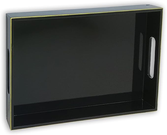 Handcrafted Wooden Serving Tray | Tray with Handle for Snacks, Tea, Kitchen, Coffee Table, Dining | High Gloss Finish with Gold Trim |12.25 x 7.75 x 1.5 inches (Charcoal Black)