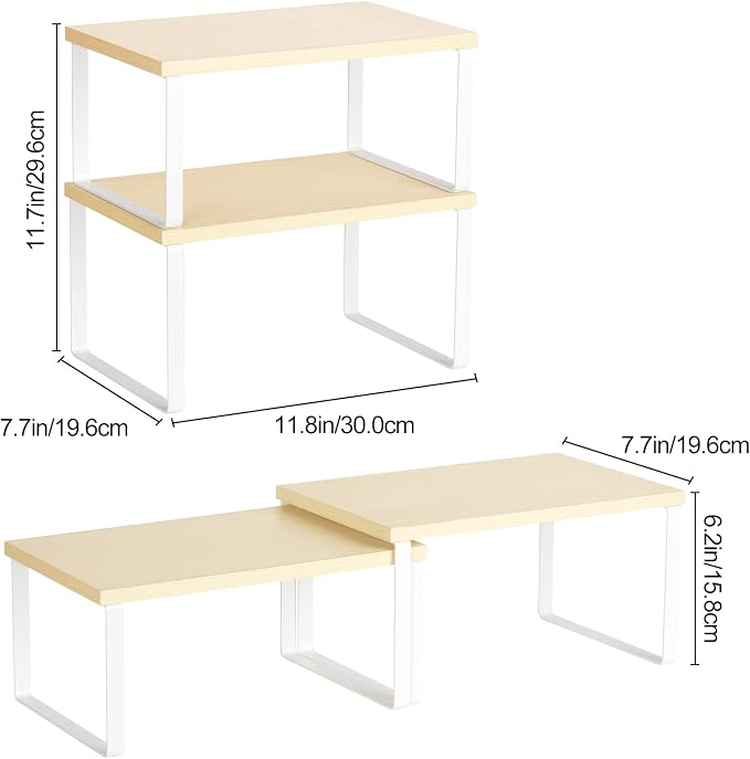 Counter Shelves Set of 4 Stackable Kitchen Cabinet Organizer Shelf and Expandable Wood Countertop Shelves for Bathroom Study Room, White