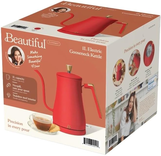 Beautiful Electric Gooseneck Kettle, 1 Liter, 1200W, Stainless Steel Interior, Fast Boil, Precision Pour Spout, Auto Shut-Off & Boil-Dry Protection (Red)
