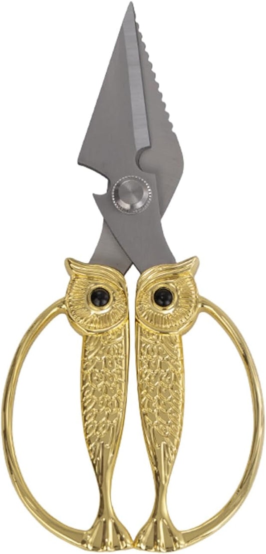 WARMHEART Owl Kitchen Scissors All Purpose, Stainless Steel Heavy Duty Sharp Shears for Meat, Chicken, Fish, Poultry, Herb, Bread (Golden, Large)