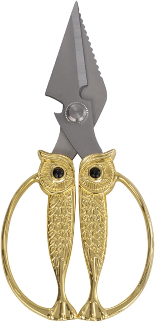 WARMHEART Owl Kitchen Scissors All Purpose, Stainless Steel Heavy Duty Sharp Shears for Meat, Chicken, Fish, Poultry, Herb, Bread (Light Gold, Large)