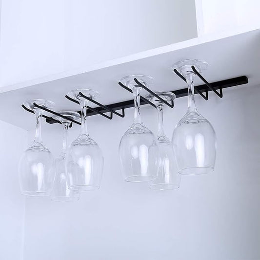Under Cabinet Wine Glass Rack,Stemware Rack Holds up to 8 Wine Glass,Hanging Wine Glass Holder,Metal Wine Glass Hanger,Glasses Organizer for Home Bar Kitchen(Black)