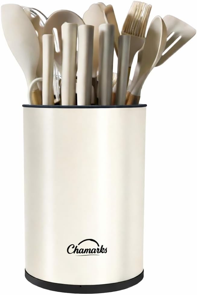 3-in-1 Kitchen Utensil Holder for Countertop with Knife Block and Silverware Caddy. (Cream)