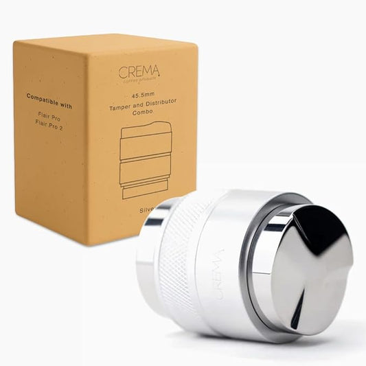 CREMA Coffee Products 45.5mm Hand Tamper & Distributor V2 for Flair | Compatible w/Pro and Pro 2 Portafilter | Double-Sided, Adjustable Depth Tool | Durable 304 Stainless Steel | Silver