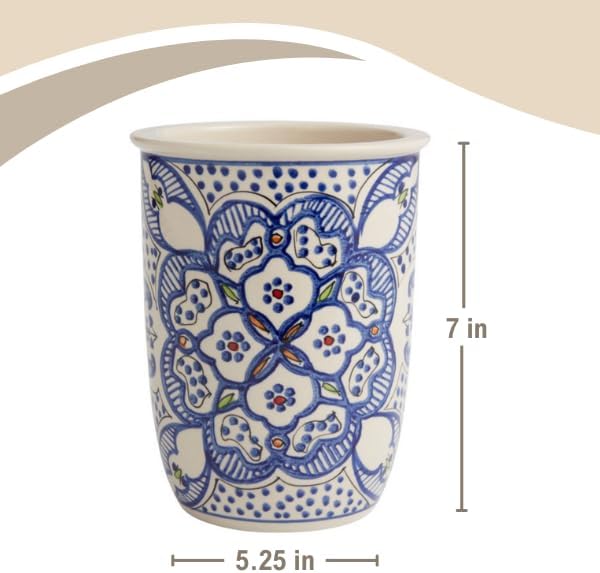 Ceramic Utensil Holder for Kitchen Counter, African Art Ceramic Crock, Kitchen Utensil Holder Countertop Decor, Cooking Spoon & Cutlery Utensils Organizer, Spatula & Ladle Canister, 5.25"Dia. x 7"H