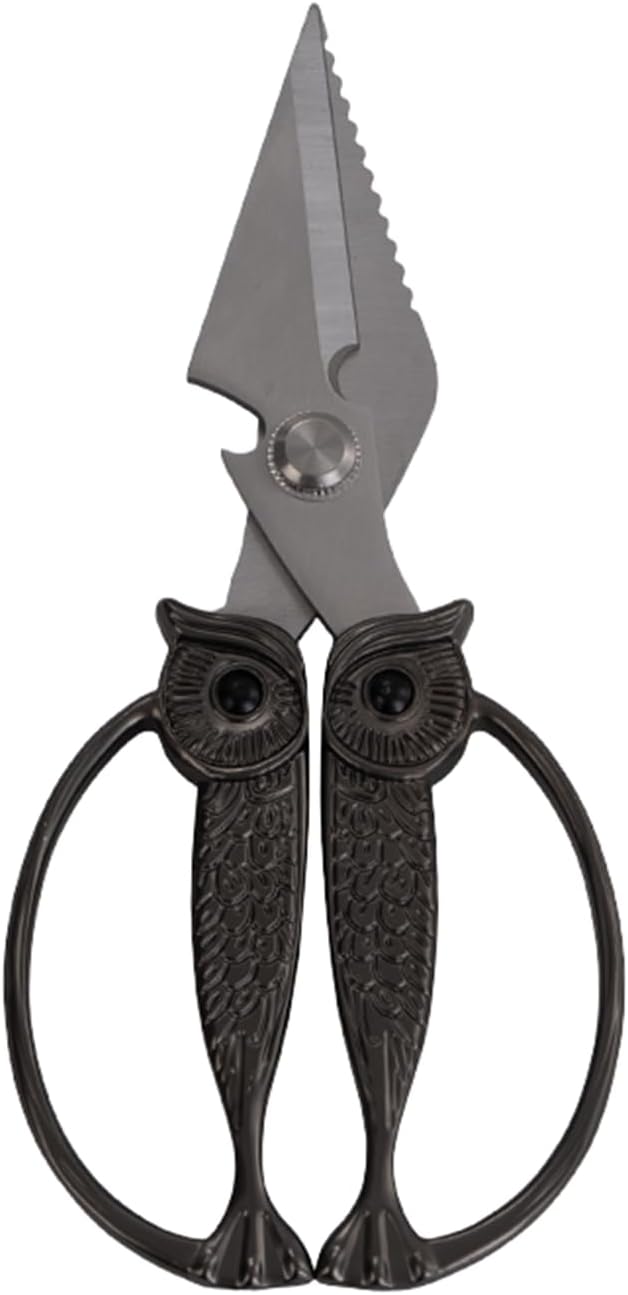 WARMHEART Owl Kitchen Scissors All Purpose, Stainless Steel Heavy Duty Sharp Shears for Meat, Chicken, Fish, Poultry, Herb, Bread (Gun-black, Large)