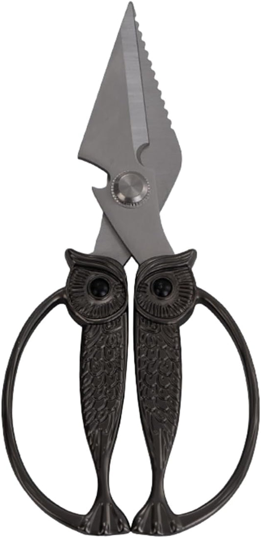 WARMHEART Owl Kitchen Scissors All Purpose, Stainless Steel Heavy Duty Sharp Shears for Meat, Chicken, Fish, Poultry, Herb, Bread (Gun-black, Large)