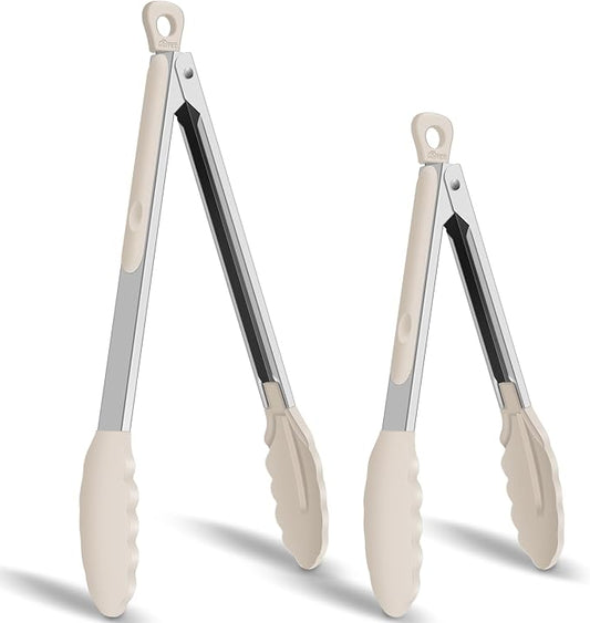 HOTEC Silicone Kitchen Tongs Set of 2-9" and 12" Locking Stainless Steel Cooking Tongs with Silicon Tips Non-Scratch Heat Resistant 600°F for BBQ, Grill, Air Fryer & Serving, Khaki