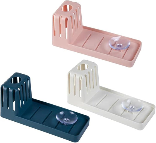 3pcs Kitchen Soap Rack Suction Cup Design and Lengthened Beveled Edges, Blue Pp Material Sponge Draining Organizer Shelves over Sink Storage and Rice Spoon Holder Random Color