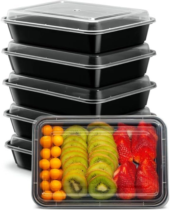 28oz Disposable Black Meal Prep/Bento Box with Clear Dome Lids - Rectangular Plastic Meal Containers - Leak Proof and Reusable Box : Perfect For Salad, Meal Prep and Fruits : Set of 50