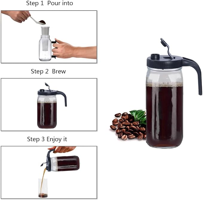 8pcs Set Cold Brew Mason Jar Coffee Maker Accessories，32/64oz Wide Mouth Mason Jar Replacement Include Stainless Steel Filter，Flip Cap Lid with Handle for Delicious Brewed Coffee，Infused Snarky Tea
