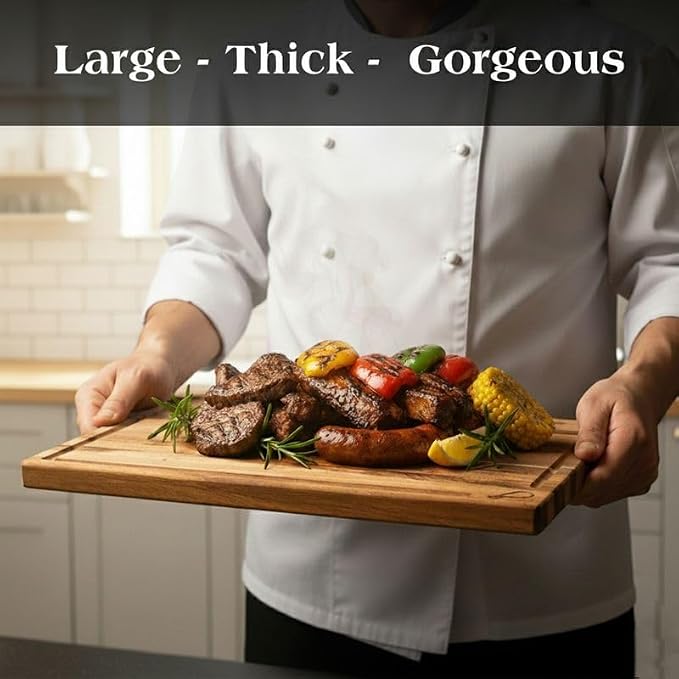 Acacia Wood Cutting Board Set of 3 with Stand, Thick Butcher Block Boards w/Deep Juice Grooves for Meat Prep & Serving, Premium Solid Hardwood, Non-Toxic, BPA-Free by New M Way