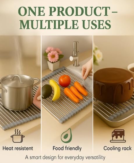 Over Sink Dish Dryng Rack - Roll Up Stainless Stell & Silicone Drying mat, Heat Resistant, Non-Slip & Foldable, Space Saving Kitchen Organizer (17.3"x 15.7")