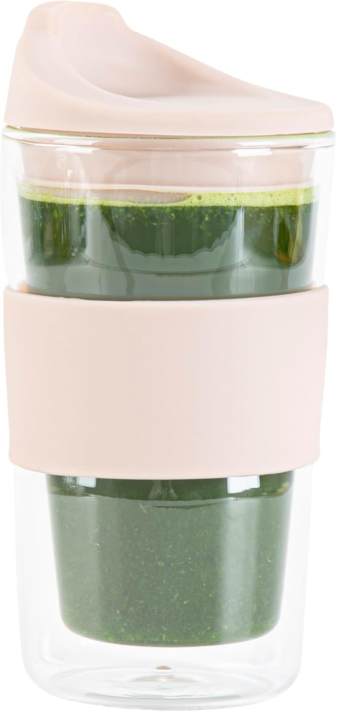 Restaurantware Glass Travel Mug 1 Count 12 Ounce Double Wall Borosilicate Reusable Coffee Cup, Spill-Resistant Tan Silicone Lid, Clear Drinkware Mug for Hot and Cold Beverages