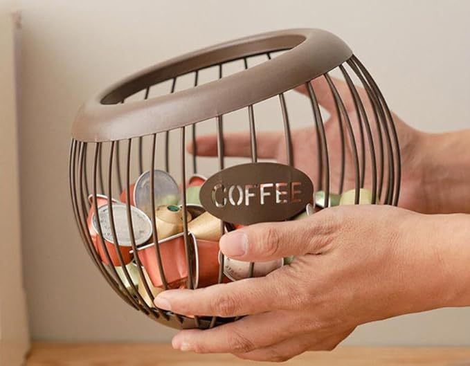 1PCS Coffee Pod Holder Iron Large Capacity K Cup Holder Espresso Coffee Capsule Storage Basket for Counter Coffee Bar Espresso Coffee Pod Organizer for Counter Fruit Bread Snacks Storage White