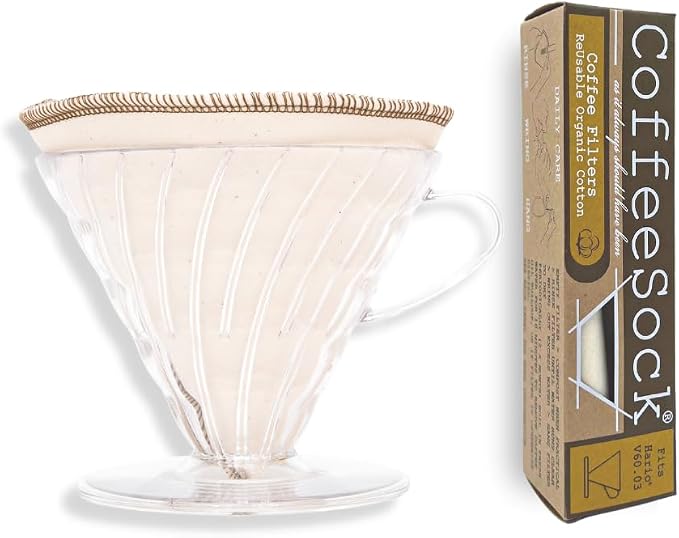 CoffeeSock Reusable Hario V60 Coffee Filters Size 03 – 2 Pack GOTS Certified Organic Cotton Cloth Pour Over Filter for V60-03 Large Dripper, Better Flavor Than Paper, Eco-Friendly Zero Waste