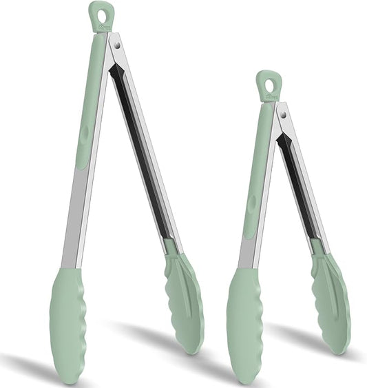 HOTEC Silicone Kitchen Tongs Set of 2-9" and 12" Locking Stainless Steel Cooking Tongs with Silicon Tips Non-Scratch Heat Resistant 600°F for BBQ, Grill, Air Fryer & Serving, Light Green