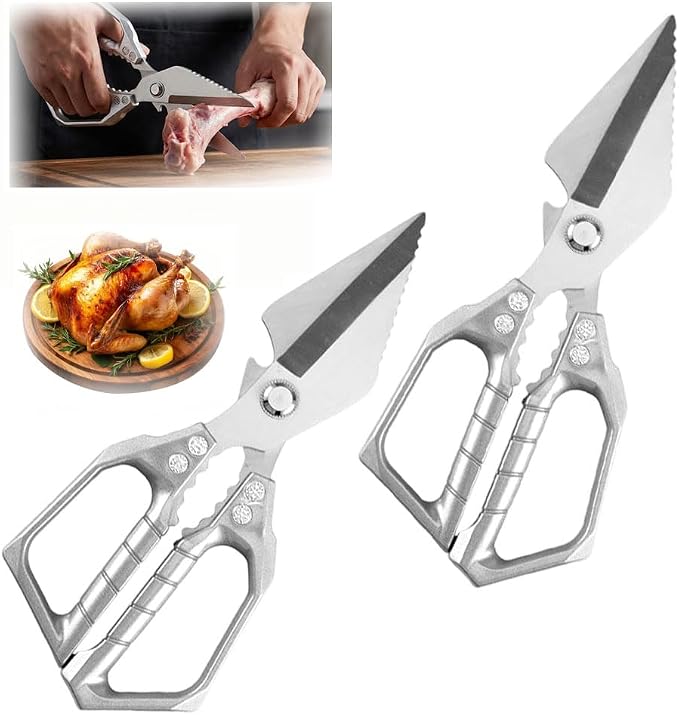 Heavy Duty Kitchen Scissors for Food with Ergonomic Anti-Slip Handle,Stainless Steel Chicken Bone Cutting Scissors Kitchen Tools,Poultry shears for Chicken, Meat, Seafood, Bone Cutting (Sliver, 2PCS)