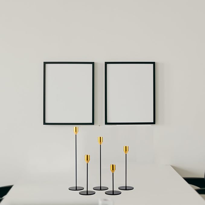 Set of 5 Black Taper Candlestick Holders with Brass Top, Metal Candle Stick Holder, Antique Mid-Century Candle Holders for Table Centerpiece, Mantel, Dining Table Decor