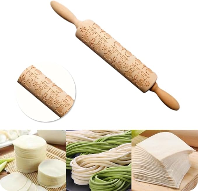 DECHOUS Easter Embossed Rolling Pin 13.78 Inch Chicken Flower Pattern Wooden Dough Roller for Baking - Home Kitchen Essential Rolling Pin for Cookie Dough Pastry Pizza Fondant