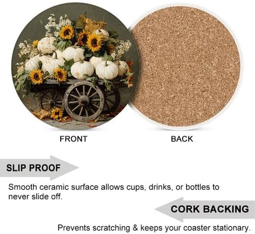 Pumpkin Coasters Set of 6, 4inch Coasters for Drinks Absorbent Stone with Holder Fall Decorations Ceramic Drink Coaster for Tabletop Protection, Coffee Table Decor for Home Decor