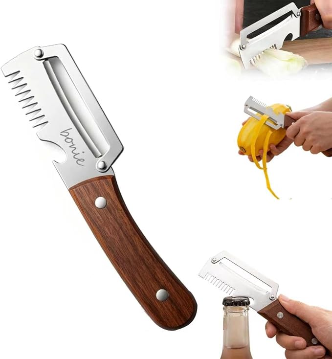 Multi-Functional Stainless Steel Thickened Fruit Peeler Knife, 2026 New 3 in 1 Stainless Steel Blade Peeler for Kitchen with Wooden Handle and Bottle Opener for Vegetable & Fruit (Deep Brown, 1PC)