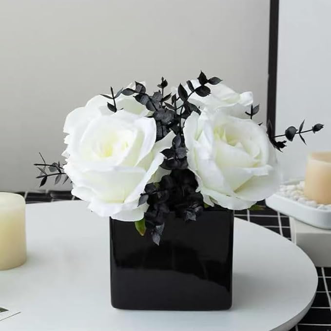 LADADA Artificial Flowers with Small Ceramic Vases | Roses in Vases Plastic Artificial Flowers and Plants,Used for Home Office Wedding Decoration（white + black）